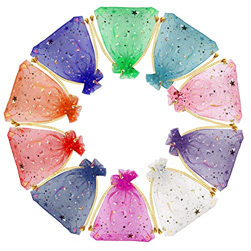 SUMAJU 100 Pieces Moon Star Organza Jewelry Candy Bags, 2.7x3.5 Inch Random Color Organza Favor Bags Gift Pouch with Drawstring for Christmas Wedding Party Stocking Stuffers - Image 1