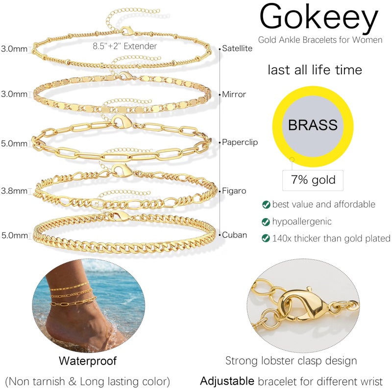 Gokeey 14k Gold Plated Ankle Bracelets for Women Layered Anklet Set Waterproof Paperclip Satellite Mirror Figaro Cuban Chain Beach Anklet Bracelet Jewelry Gifts Adjustable Size - Image 4