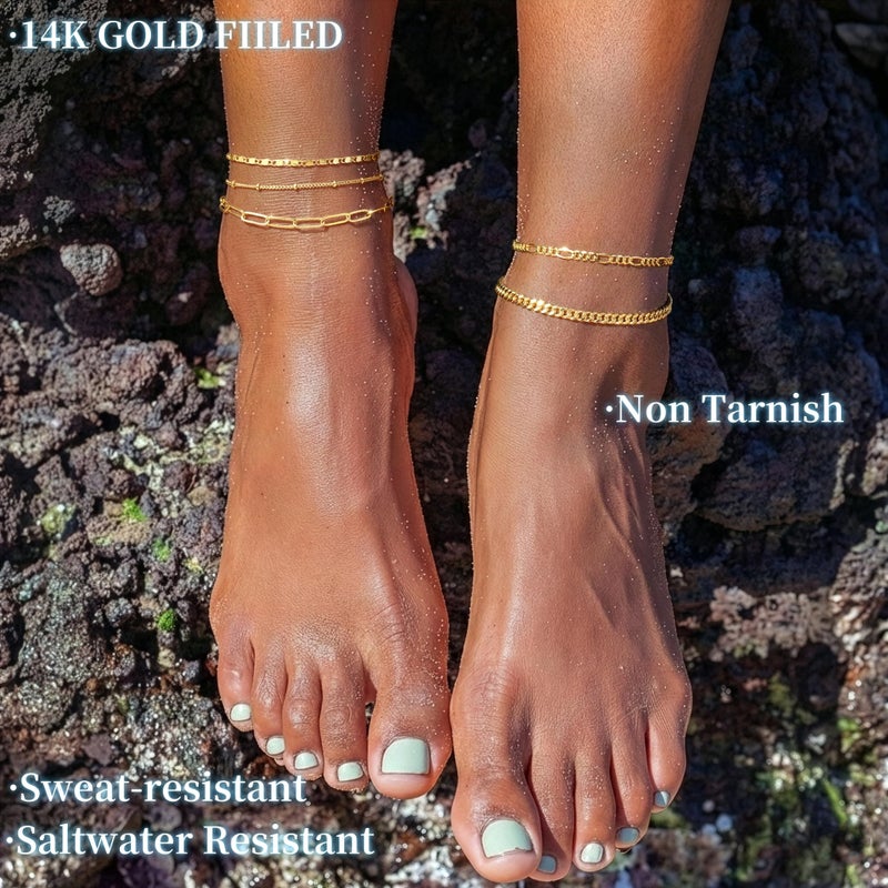 Gokeey 14k Gold Plated Ankle Bracelets for Women Layered Anklet Set Waterproof Paperclip Satellite Mirror Figaro Cuban Chain Beach Anklet Bracelet Jewelry Gifts Adjustable Size - Image 3