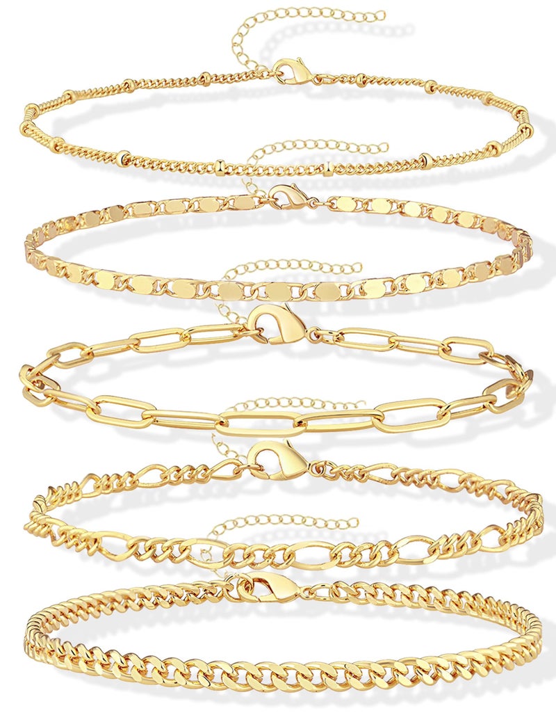Gokeey 14k Gold Plated Ankle Bracelets for Women Layered Anklet Set Waterproof Paperclip Satellite Mirror Figaro Cuban Chain Beach Anklet Bracelet Jewelry Gifts Adjustable Size - Image 1