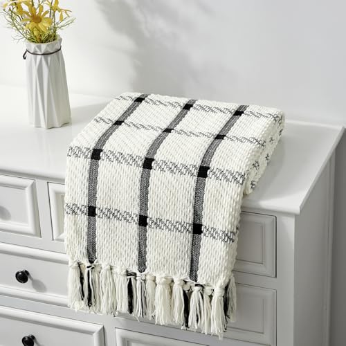 CREVENT 50X60 Farmhouse Breathable Soft and Warm Chenille Plaid Throw Blanket for Sofa Couch Bed Home Decoration Throw with Tassles Black White - Image 1