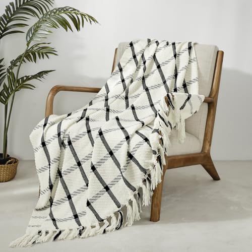 CREVENT 50X60 Farmhouse Breathable Soft and Warm Chenille Plaid Throw Blanket for Sofa Couch Bed Home Decoration Throw with Tassles Black White - Image 3