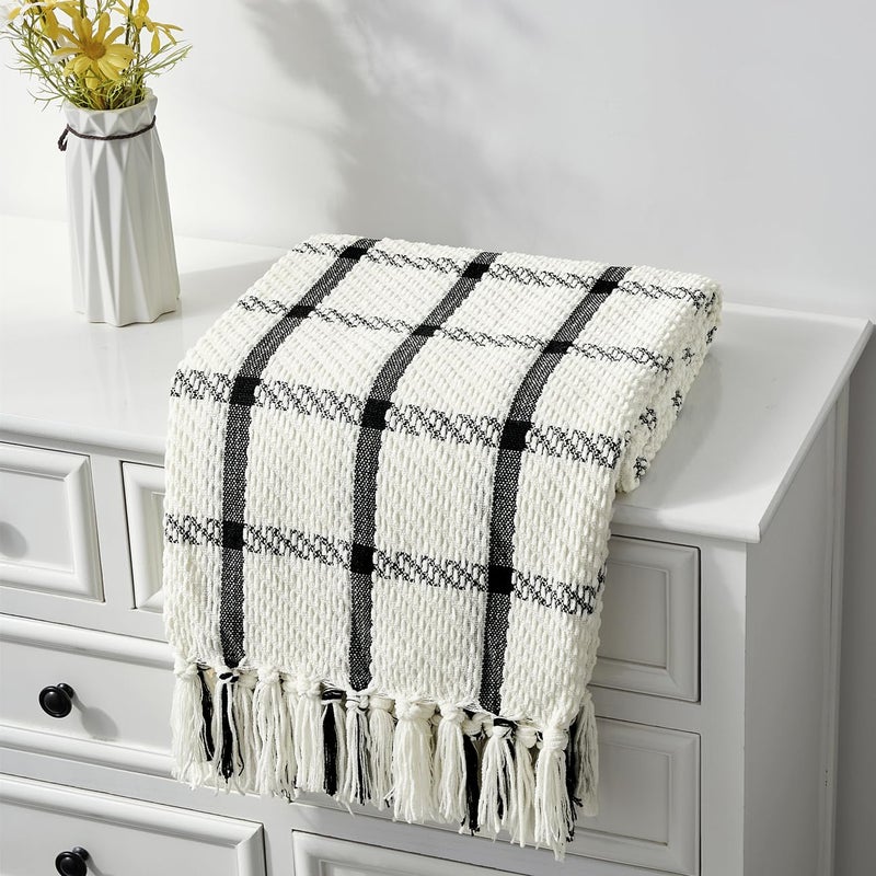 CREVENT 50X60 Farmhouse Breathable Soft and Warm Chenille Plaid Throw Blanket for Sofa Couch Bed Home Decoration Throw with Tassles Black White - Image 2