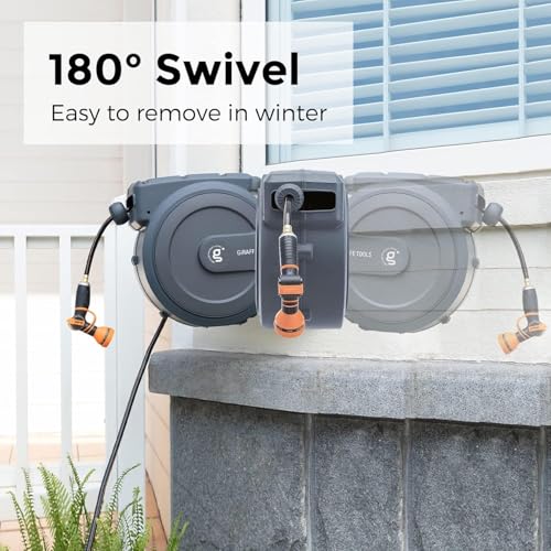 Giraffe Tools Retractable Garden Hose Reel 5/8 inch x 90 ft Hose Reels for Outside, Wall Mounted Water Hose Reel with 180 Deg Swivel Bracket, Any Length Lock, 9 Pattern Hose Nozzle - Image 3