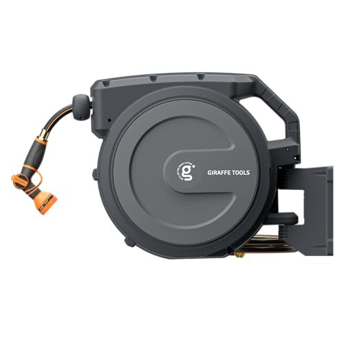 Giraffe Tools Retractable Garden Hose Reel 5/8 inch x 90 ft Hose Reels for Outside, Wall Mounted Water Hose Reel with 180 Deg Swivel Bracket, Any Length Lock, 9 Pattern Hose Nozzle - Image 1