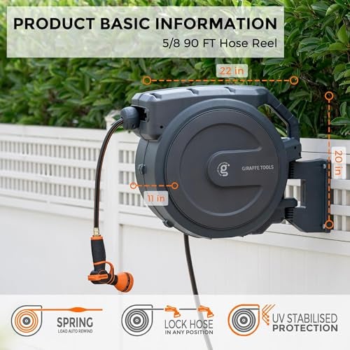 Giraffe Tools Retractable Garden Hose Reel 5/8 inch x 90 ft Hose Reels for Outside, Wall Mounted Water Hose Reel with 180 Deg Swivel Bracket, Any Length Lock, 9 Pattern Hose Nozzle - Image 4
