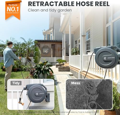 Giraffe Tools Retractable Garden Hose Reel 5/8 inch x 90 ft Hose Reels for Outside, Wall Mounted Water Hose Reel with 180 Deg Swivel Bracket, Any Length Lock, 9 Pattern Hose Nozzle - Image 2