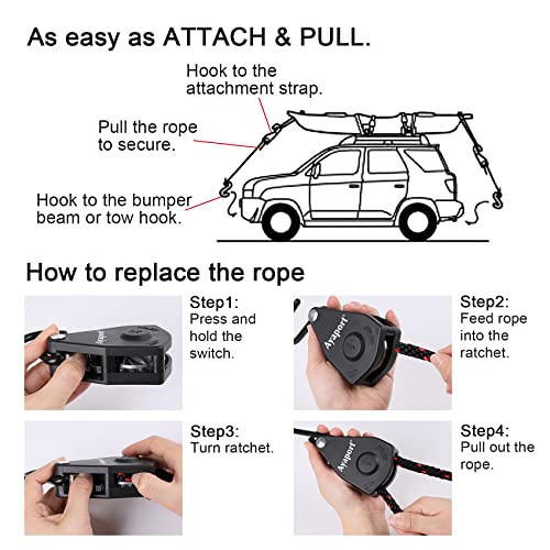 Ayaport Kayak Rope Tie Down Ratchet Straps Bow and Stern Ratcheting Tie Downs Rope Hanger Kayak and Canoe Accessories - Image 3