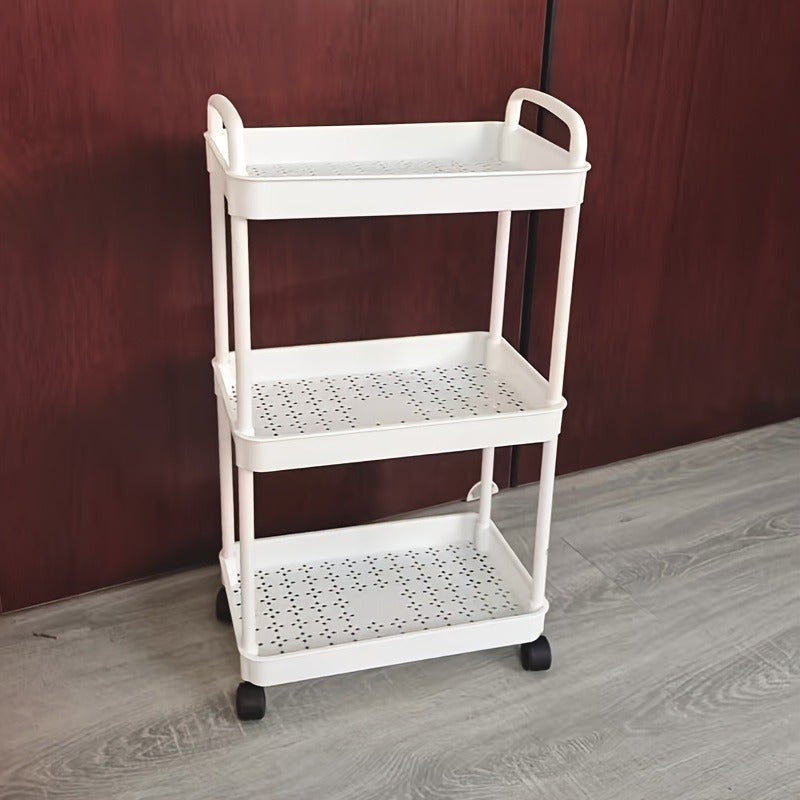 3-Tier Rolling Utility Cart with 360° Wheels & Handle - Thickened Plastic Storage Shelf for Living Room, Bedroom, Bathroom, Kitchen - Includes Hooks - Image 1