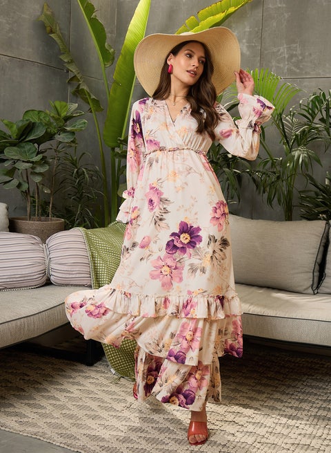 Floral Print Pastel Chiffon Dress Chiffon Flower Maxi Dress: Long Sleeve Holiday Gown Floral Print Pastel Chiffon Dress Chiffon Flower Maxi Dress: Long Sleeve Holiday Gown