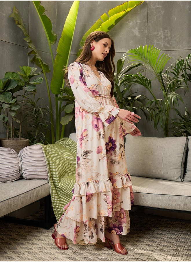 SASSAFRAS Floral Print V-Neck Flared Maxi Dress  - Image 3