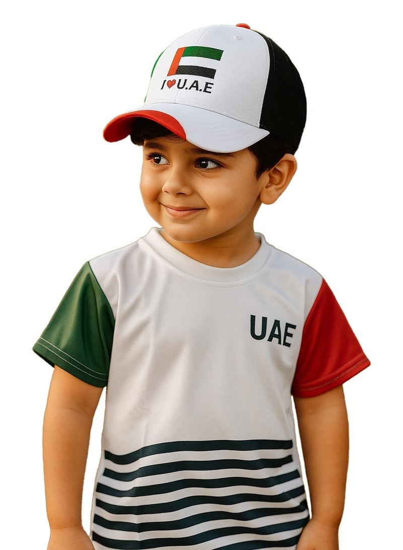 المنزل الذكي هوم سمارت قميص أبيض بنقشة علم اليوم الوطني مع قبعة للأطفال احتفل باليوم الوطني لدولة الإمارات العربية المتحدة بأناقة الزي الوطني لدولة الإمارات العربية المتحدة للمناسبات الوطنية الاحتفالية - Image 1
