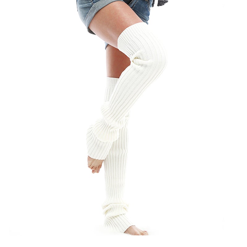 Women Warm Crochet Knitted Leg Socks Latin Dance Yoga Sports Protective Leg Warmers - Size L(White) - Image 1