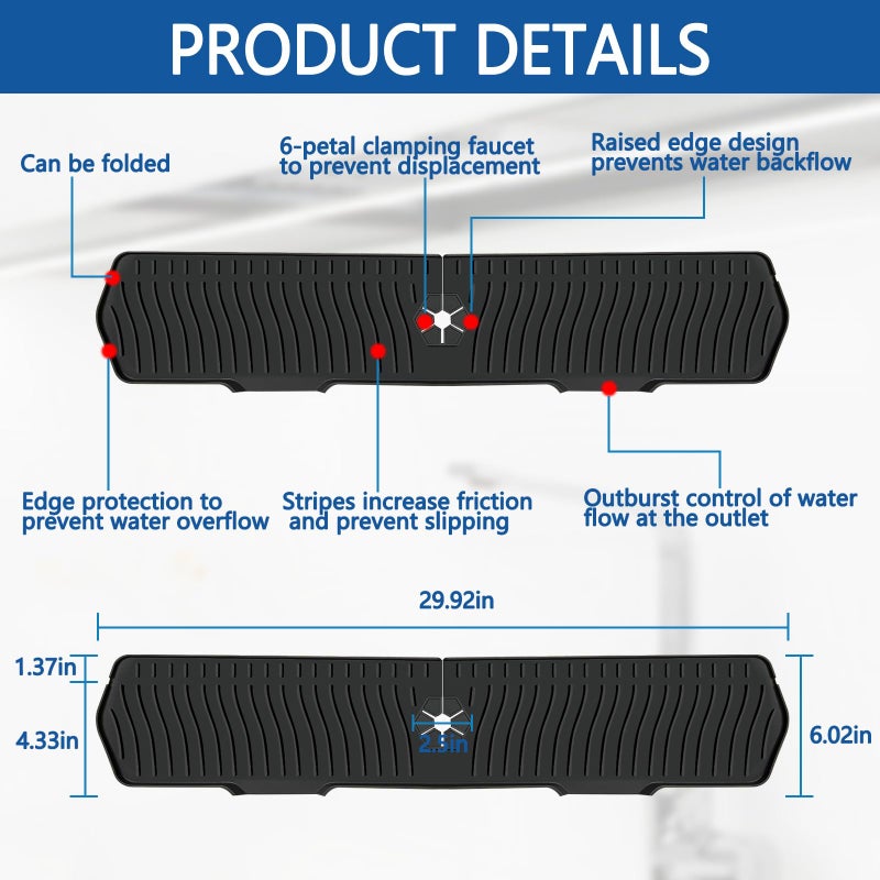 EBIGIC حماية حوض المطبخ Gen2-30" x 6'' حصيرة سيليكون لحماية الحوض تناسب سطح العمل، الحمام، المزرعة، RV من EBIGIC (أسود) - Image 2
