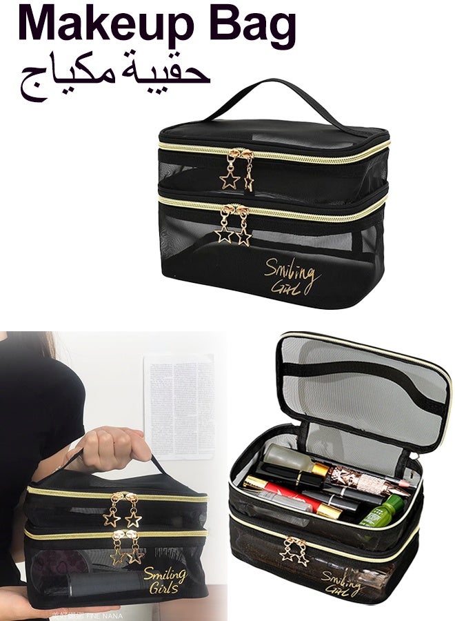 Makeup Bag,Portable Cosmetic Bag,Large Capacity Travel Makeup Bag for Women,Toiletry Bag  Makeup Case Organizer for Girls With Handle and Divider, Beautiful Travel Organizing Toiletry Bag,Soft Touch, Waterproof, Black - women's makeup bag, travel makeup bag, storage bag, personal care bag, portable bag(Black） - Image 1