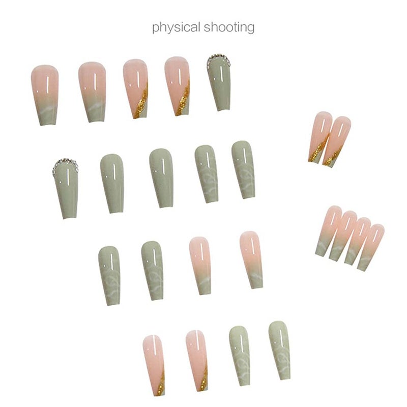 RikView Press on Nails Long Acrylic Nails Coffin Fake Nails Green Nails with Rhinestones - Image 4