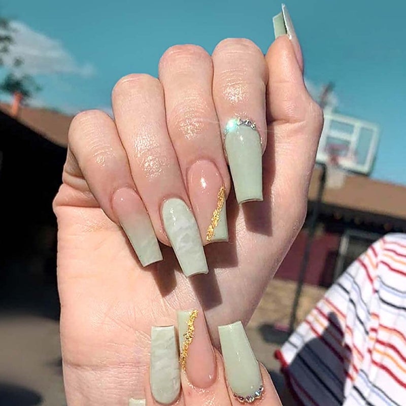 RikView Press on Nails Long Acrylic Nails Coffin Fake Nails Green Nails with Rhinestones - Image 1