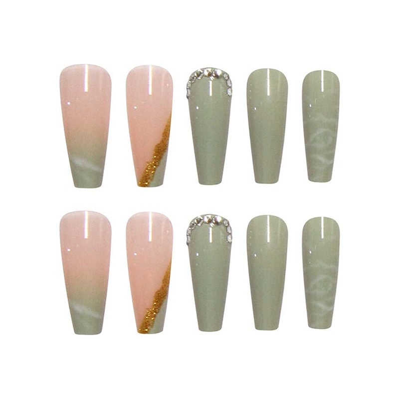 RikView Press on Nails Long Acrylic Nails Coffin Fake Nails Green Nails with Rhinestones - Image 2