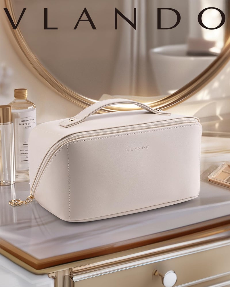 VLANDO Makeup Bag,Travel Toiletry Bag,Cosmetic Bag for Women PU Leather Portable Make up Bag for Skincare, Brushes & Travel Essentials-Off White - Image 2