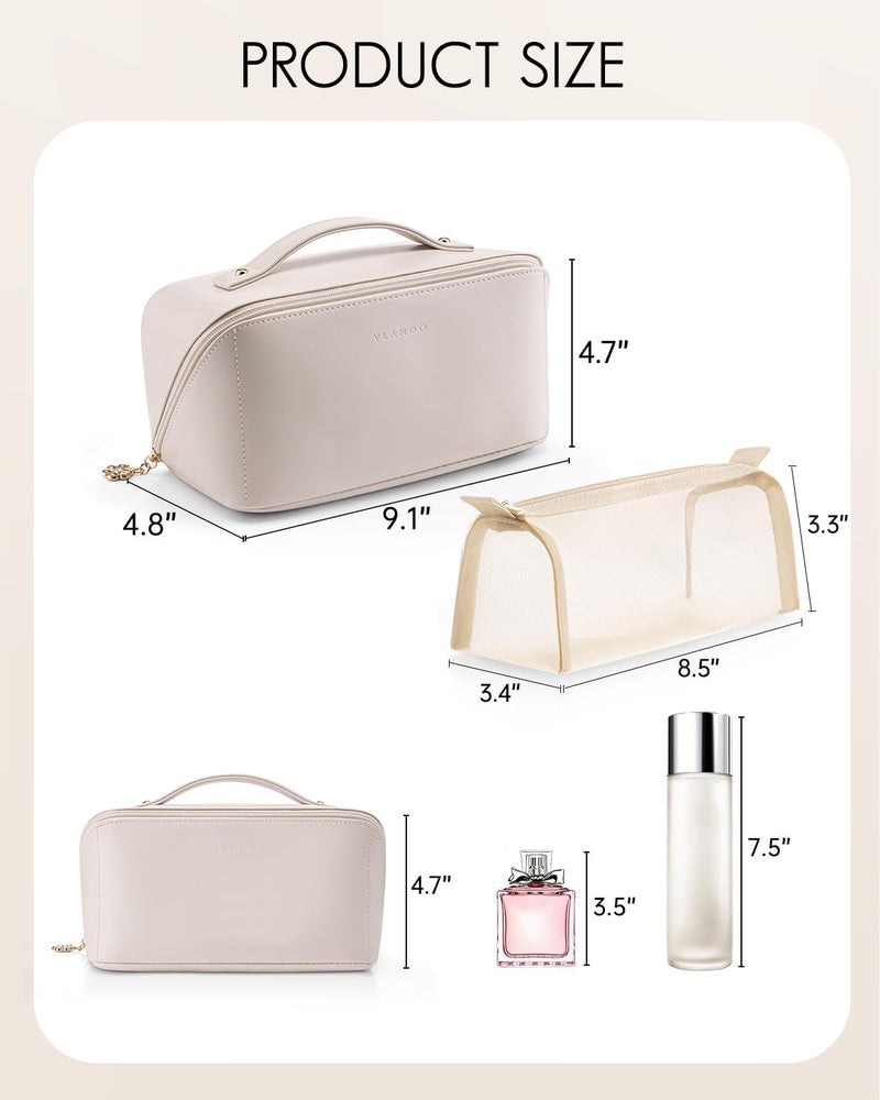 VLANDO Makeup Bag,Travel Toiletry Bag,Cosmetic Bag for Women PU Leather Portable Make up Bag for Skincare, Brushes & Travel Essentials-Off White - Image 3