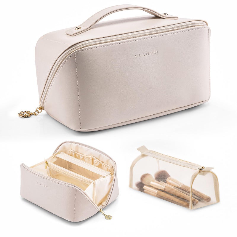 VLANDO Makeup Bag,Travel Toiletry Bag,Cosmetic Bag for Women PU Leather Portable Make up Bag for Skincare, Brushes & Travel Essentials-Off White - Image 1