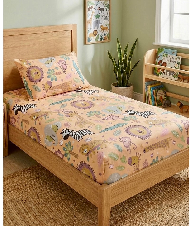 طقم سرير من يارلن (ملاية سرير بأستيك لسرير مقاس 120 سم و كيس وسادة واحد مقاس 50*70- تصميم حديقة الحيوان)