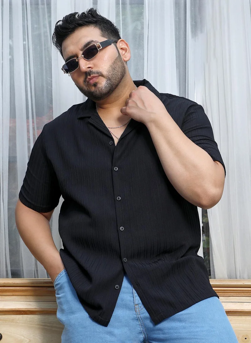 Instafab Plus Instafab Plus Men's Charcoal Black Tactile-Striped Resort Shirt For Casual Wear | Cuban Collar | Short Regular Sleeves | Button Closure | Plus-Size Shirt Crafted With Comfort Fit For Everyday Wear