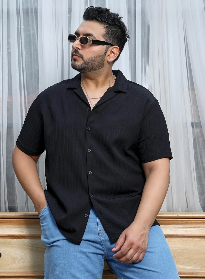 Instafab Plus Instafab Plus Men's Charcoal Black Tactile-Striped Resort Shirt For Casual Wear | Cuban Collar | Short Regular Sleeves | Button Closure | Plus-Size Shirt Crafted With Comfort Fit For Everyday Wear
