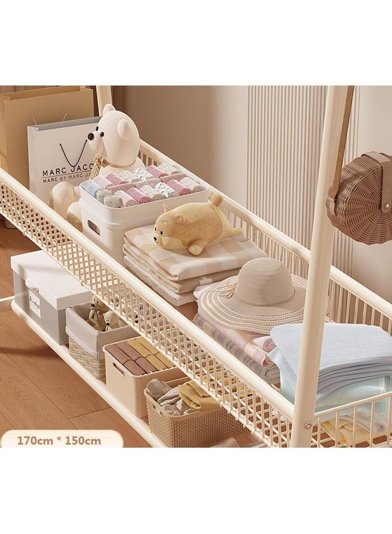 اليسا رف ملابس متين من طبقتين مع سلة وخطافات ورف سفلي - منظم خزانة ملابس كبير أبيض (170×150×40 سم) - Image 2