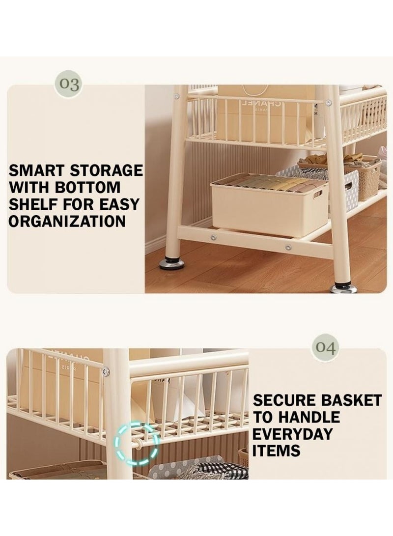 اليسا رف ملابس متين من طبقتين مع سلة وخطافات ورف سفلي - منظم خزانة ملابس كبير أبيض (170×150×40 سم) - Image 4