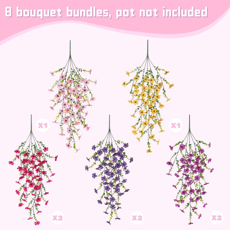 ADXORA 8PCS Artificial Hanging Fake Flowers for Outdoor Decoration Faux Silk Flowers Plants for Outdoor Outside Planter UV Resistant Daisy with Eucalyptus Leaves, Porch Front Door Patio Balcony Yard Decor - Image 3