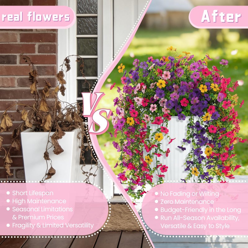 ADXORA 8PCS Artificial Hanging Fake Flowers for Outdoor Decoration Faux Silk Flowers Plants for Outdoor Outside Planter UV Resistant Daisy with Eucalyptus Leaves, Porch Front Door Patio Balcony Yard Decor - Image 4
