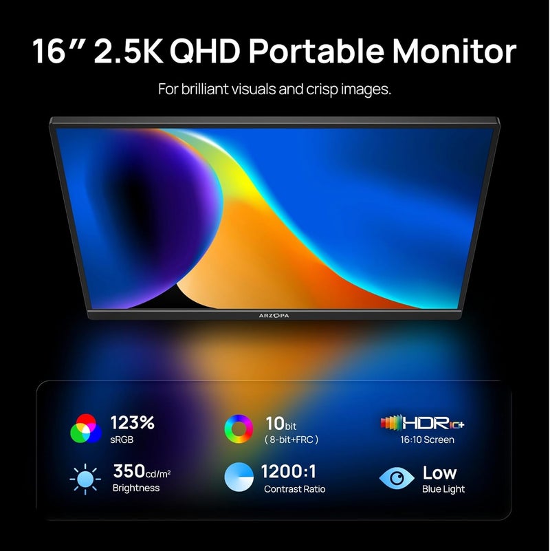 ARZOPA 16" 2.5K Portable Monitor, 2560x1600 QHD IPS Display 123% sRGB with Built-in Stand USB-C HDMI Eye Care External Second Screen for Mac Laptop Phone PS4/5 Xbox Switch -Z1RC - Image 2