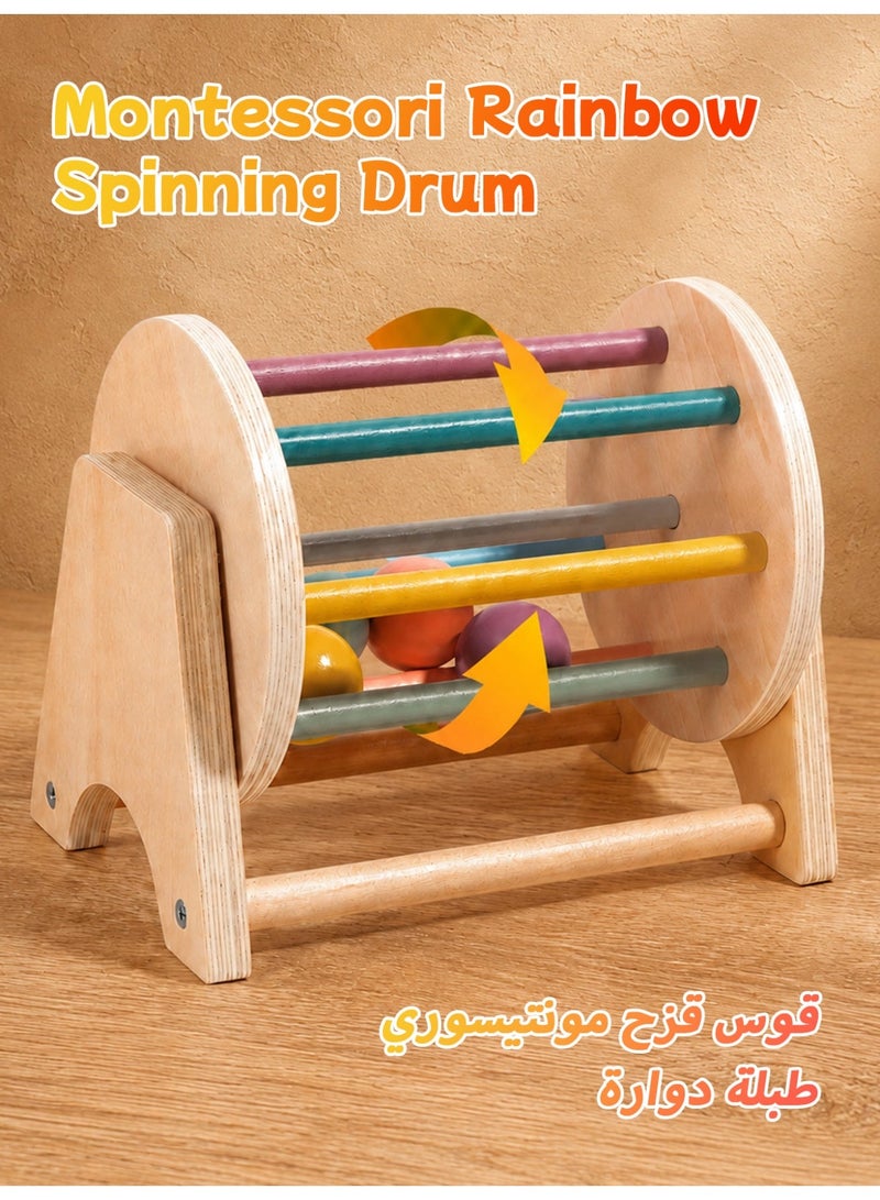Baby Sensory Rattle Roller Toy, Wooden Rolling Drum Toy with Colorful Balls, Spinning Activity Toy for 6 9 12 Month Old Babies and 1 2 Year Old Toddlers, Tummy Time Crawling Toy, Fine Motor Skills, Eid Birthday Gifts - Image 1