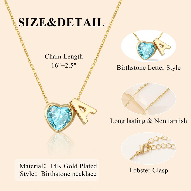 Esrial Heart Birthstone Initial Necklace for Women Girls,14K Gold Plated Heart Letter A-Z Necklace Dainty Birthday Trendy Jewelry Gifts for Women Girls Daughter(March,Initial A) - Image 5