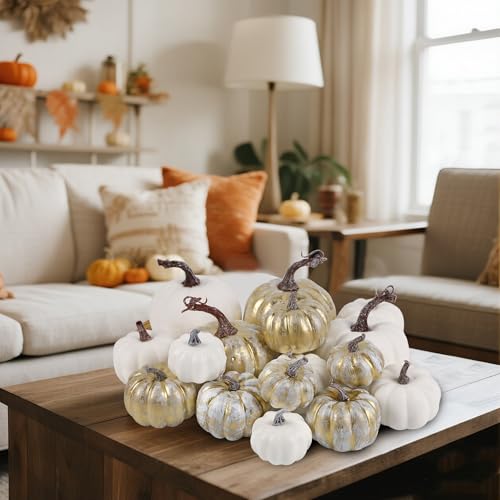 winemana 16 Pcs Golden and White Pumpkins Thanksgiving Pumpkin Decorations Assorted Sizes, Artificial Foam Harvest Autumn Decor, Fake Pumpkins Fall Decorations for Indoor Home Kitchen Table Mantle - Image 2