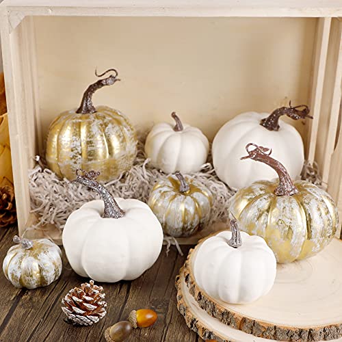 winemana 16 Pcs Golden and White Pumpkins Thanksgiving Pumpkin Decorations Assorted Sizes, Artificial Foam Harvest Autumn Decor, Fake Pumpkins Fall Decorations for Indoor Home Kitchen Table Mantle - Image 4