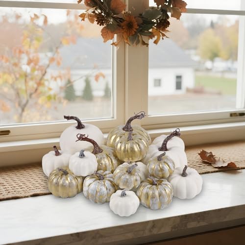 winemana 16 Pcs Golden and White Pumpkins Thanksgiving Pumpkin Decorations Assorted Sizes, Artificial Foam Harvest Autumn Decor, Fake Pumpkins Fall Decorations for Indoor Home Kitchen Table Mantle - Image 5