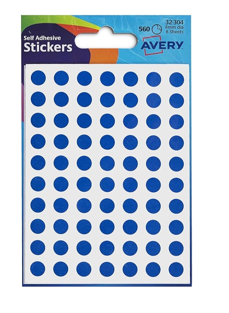 Avery 32-304 Packets of Dot Stickers (8 mm Dia, 560 Stickers) - Blue - Image 1