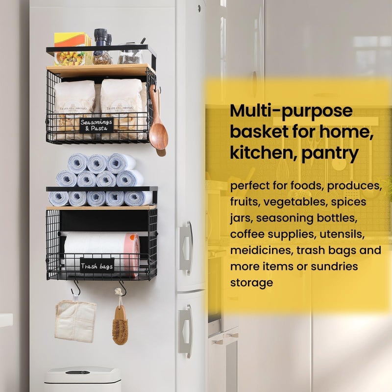 Snuvid [WIDER SHELF] 2 SET Strong Magnetic Shelf Basket for Fridge with Tag & Bamboo Top, XXL Large Magnetic Spice Rack Shelves for Side of Refrigerator, Kitchen Pantry Storage Organizer for Food Fruit Veg - Image 4