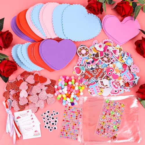 LOAVER 24 Sets Valentines Day Heart Ornaments Craft Kit,DIY Assorted Foam Heart with Shape Stickers Googly Eyes Rhinestones Bookmark for Valentines Day Presents Gift Exchange Craft Supplies - Image 2