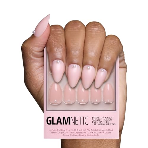 Glamnetic Press On Nails Wifey Short Almond Fake Nails Nude with 3D Nail Art and Glossy Finish Salon Quality 15 Sizes 30 Nail Kit with Glue - Image 1