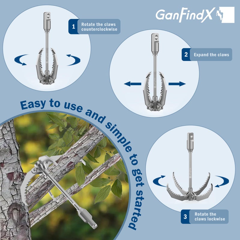 GanFindX PRO Grappling Hook W / 65 FT Rope, Heavy Duty | Folding 4-Claw Survival Claw, Multi-Purpose SUS Sawtooth Hook for Outdoor Camping Hiking Tree Rock Mountain Climbing (Aluminum-Rear Circle) - Image 5