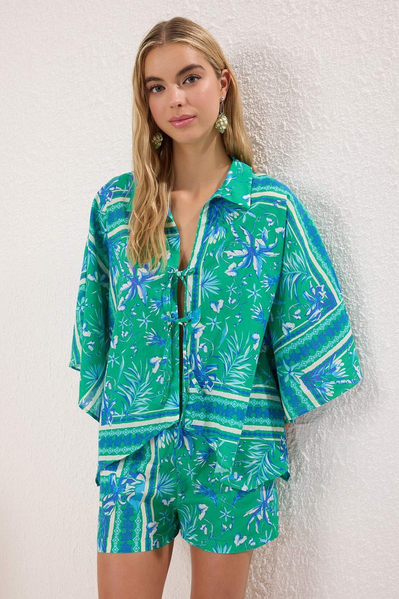 trendyol Floral Pattern Woven 100% Cotton Beach Shirt-Shorts Set Tbess25Au00033 - Image 1
