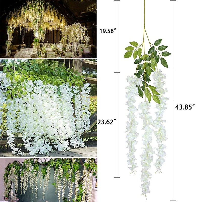 WEISPARK Fake Hanging Flowers - 12 Pieces 3.75 Feet/Piece Artificial Wisteria Vine Ratta Hanging Garland Silk Flowers for Home Party Wedding Decor (White) - Image 2