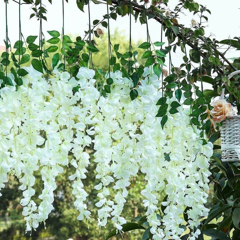 WEISPARK Fake Hanging Flowers - 12 Pieces 3.75 Feet/Piece Artificial Wisteria Vine Ratta Hanging Garland Silk Flowers for Home Party Wedding Decor (White) - Image 4