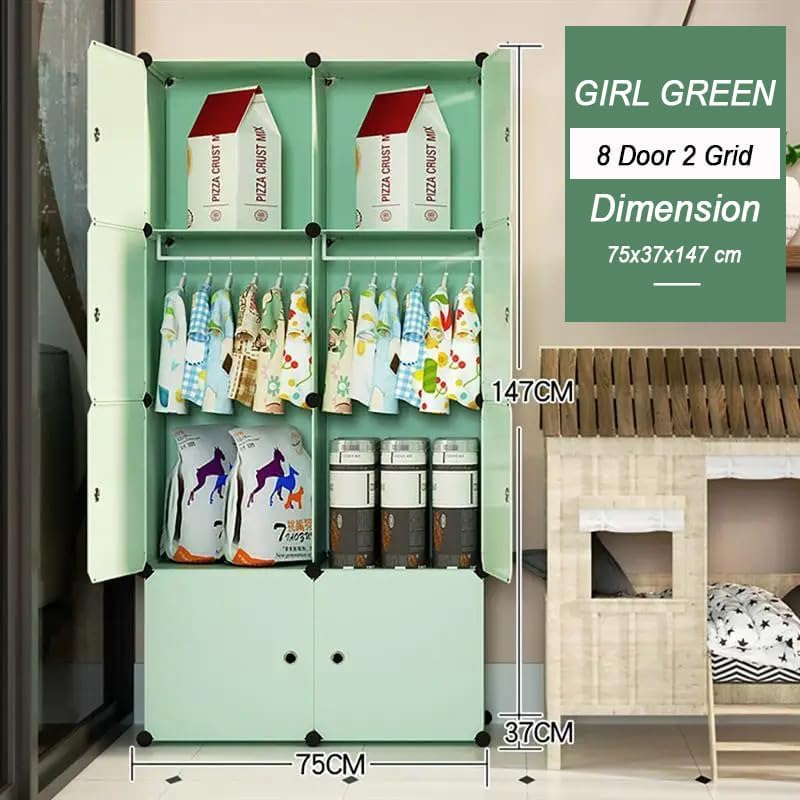 LUHI Plastic Wardrobe for Kids Clothes – Durable, Easy to Use Anti-Skid & Non-Slip Effective Professional Collapsible Wardrobe, Plastic Cupboard for Kids, Foldable Almirah (Green-Y3, 8-Door) - Image 2
