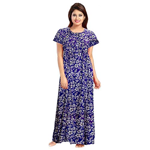 YUKATA Nighty for Women Cotton Printed Maxi Gown Ankle Length Nighty Night Dress Gown for Women Maxi - Free Size Blue - Image 1