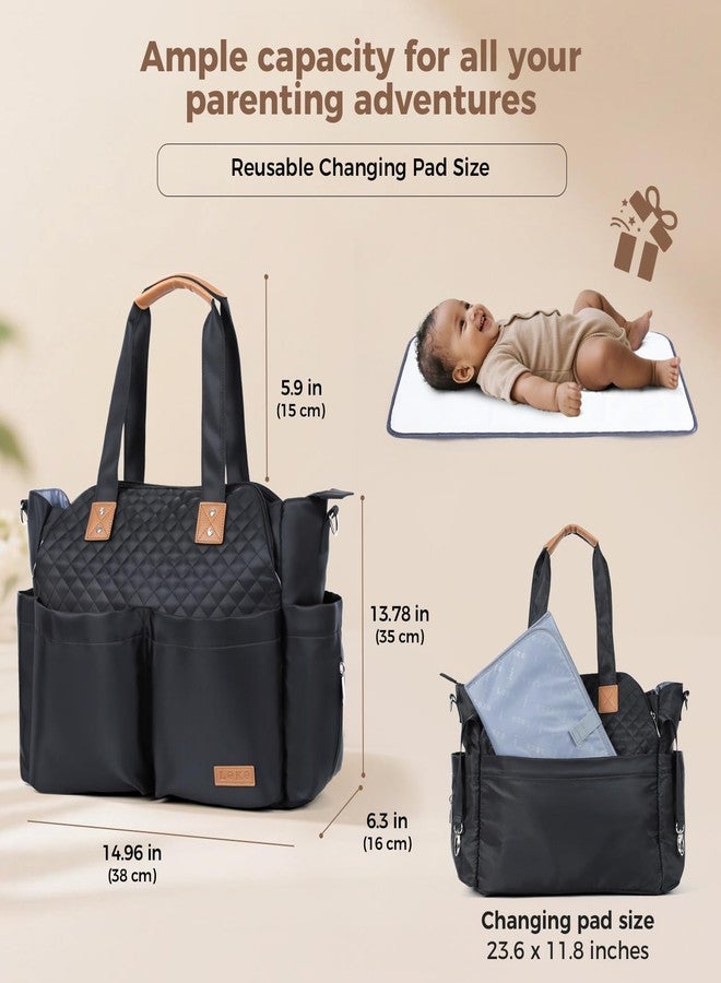Lekebaby Diaper Bag Tote, Large Diaper Bags Waterproof,Large Mommy Bag for Hospital, Baby Bags for Mom Travel Diaper Tote Messenger Purse, Quilted Black - Image 3