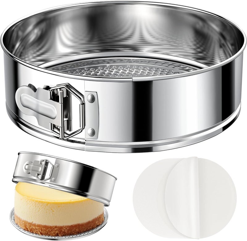 ZeroPone 7 Inch 304 Stainless Steel Springform Pan with Removable Bottom, Nonstick Round Spring Form Cheesecake Pan with 30 Pcs Parchment Paper Liners - Image 1